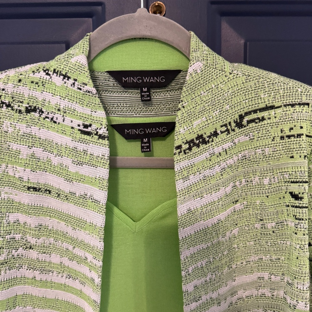 Ming Wang Lime Green Black Textured Twin Knit Blazer Sweater Tank Set Medium - Picture 2 of 10